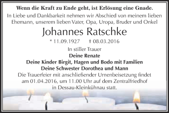 Traueranzeige von Johannes Ratschke von WVG - Wochenspiegel Dessau / Köthen