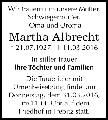 Traueranzeige von Martha Albrecht von Mitteldeutsche Zeitung Bernburg