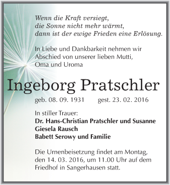 Traueranzeige von Ingeborg Pratschler von Mitteldeutsche Zeitung Sangerhausen