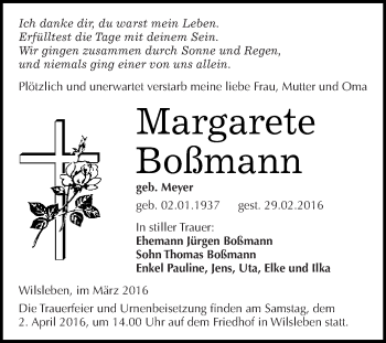 Traueranzeige von Margarete Boßmann von Super Sonntag Aschersleben