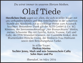 Traueranzeige von Olaf Tiede von Mitteldeutsche Zeitung Bernburg