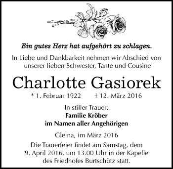 Traueranzeige von Charlotte Gasiorek von Mitteldeutsche Zeitung Zeitz