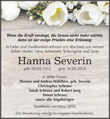 Traueranzeige von Hanna Severin von Mitteldeutsche Zeitung Quedlinburg