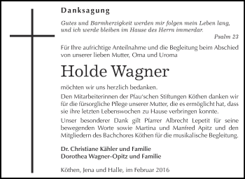 Traueranzeige von Holde Wagner von WVG - Wochenspiegel Dessau / Köthen