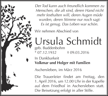 Traueranzeige von Ursula Schmidt von Super Sonntag Aschersleben