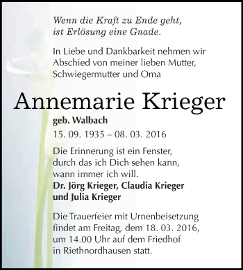 Traueranzeige von Annemarie Krieger von Super Sonntag SGH Mansf. Land