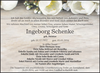 Traueranzeige von Ingeborg Schenke von Super Sonntag Wittenberg