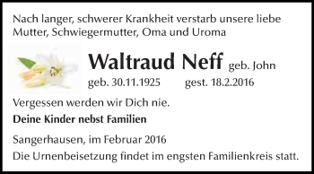 Traueranzeige von Waltraud Neff von WVG - Wochenspiegel SGH