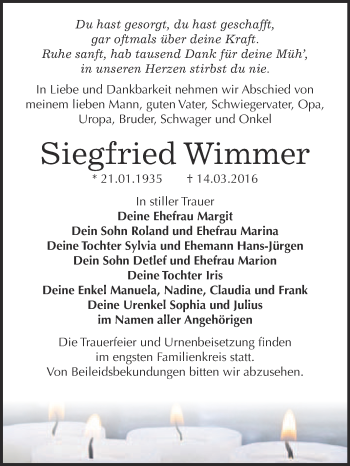 Traueranzeige von Siegfried Wimmer von WVG - Wochenspiegel Bitterfeld