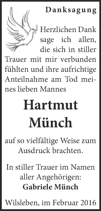 Traueranzeige von Hartmut Münch von Super Sonntag Aschersleben