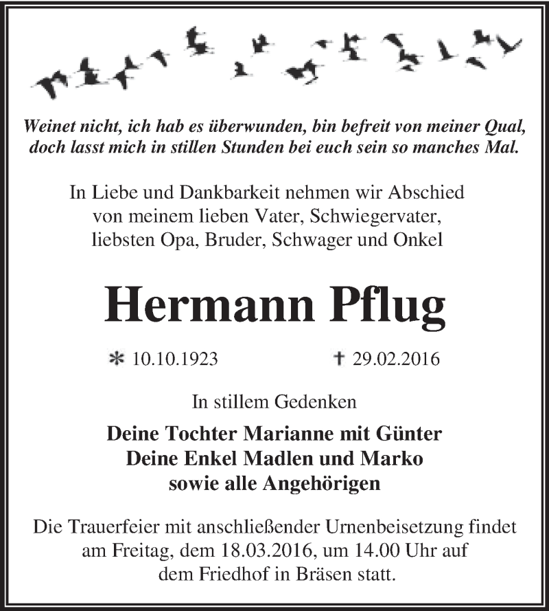  Traueranzeige für Hermann Pflug vom 05.03.2016 aus WVG - Wochenspiegel Dessau / Köthen