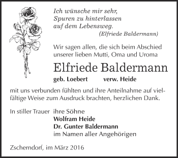 Traueranzeige von Elfriede Baldermann von WVG - Wochenspiegel Bitterfeld