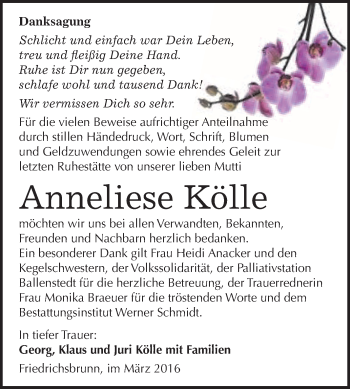 Traueranzeige von Anneliese Kölle von WVG - Wochenspiegel Quedlinburg