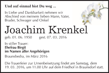 Traueranzeige von Joachim Krenkel von WVG - Wochenspiegel Merseburg