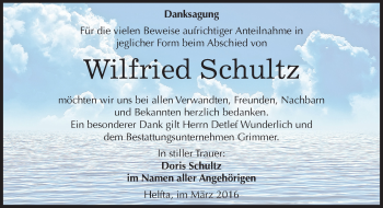 Traueranzeige von Wilfried Schultz von Mitteldeutsche Zeitung Mansfelder Land