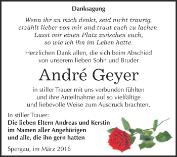Traueranzeige von Andre Geyer von Super Sonntag Merseburg