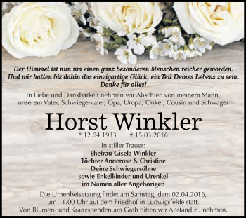Traueranzeige von Horst Winkler von Wochenspiegel Mansfelder Land