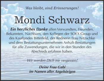 Traueranzeige von Mondi Schwarz von WVG - Wochenspiegel Bitterfeld