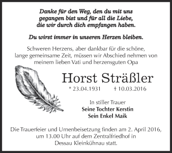 Traueranzeige von Horst Sträßler von WVG - Wochenspiegel Dessau / Köthen