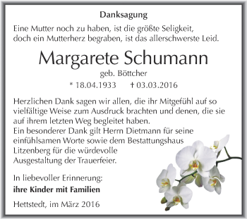 Traueranzeige von Margarete Schumann von Wochenspiegel Mansfelder Land