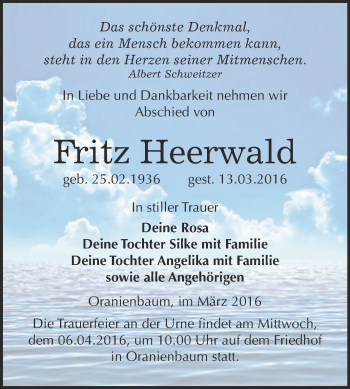 Traueranzeige von Fritz Heerwald von WVG - Wochenspiegel Wittenberg