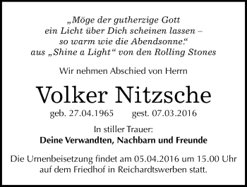 Traueranzeige von Volker Nitzsche von Mitteldeutsche Zeitung Weißenfels