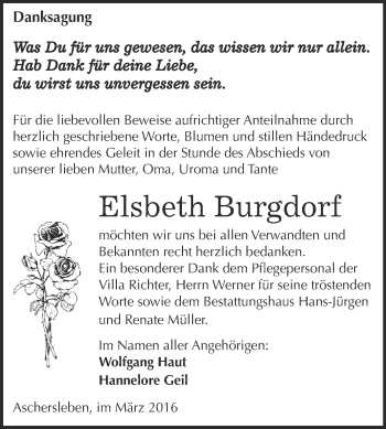 Traueranzeige von Elsbeth Burgdorf von Super Sonntag Aschersleben