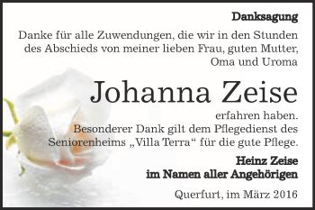 Traueranzeige von Johanna Zeise von WVG - Wochenspiegel Merseburg
