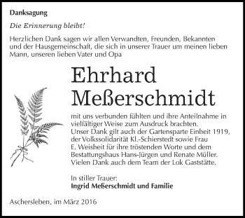Traueranzeige von Ehrhard Meßerschmidt von WVG - Wochenspiegel Aschersleben