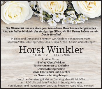 Traueranzeige von Horst Winkler von Mitteldeutsche Zeitung Mansfelder Land