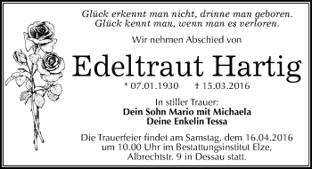 Traueranzeige von Edeltraut Hartig von Mitteldeutsche Zeitung Dessau-Roßlau
