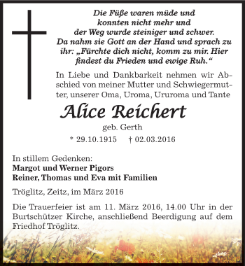 Traueranzeige von Alice Reichert von Mitteldeutsche Zeitung Zeitz