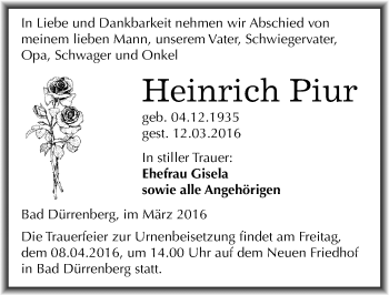 Traueranzeige von Heinrich Piur von Mitteldeutsche Zeitung Merseburg/Querfurt
