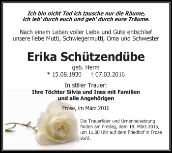 Traueranzeige von Erika Schützendübe von Super Sonntag Aschersleben