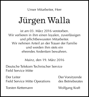 Traueranzeige von Jürgen Walla von Mitteldeutsche Zeitung Bitterfeld
