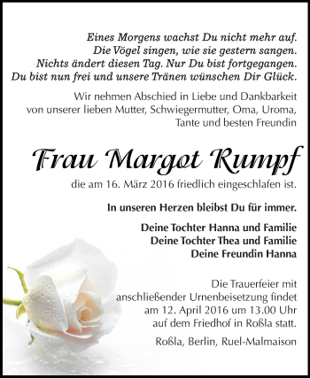 Traueranzeige von Margot Rumpf von WVG - Wochenspiegel SGH