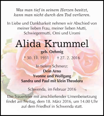 Traueranzeige von Alida Krummel von WVG - Wochenspiegel SGH
