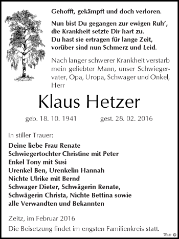 Traueranzeige von Klaus Hetzer von Super Sonntag Zeitz