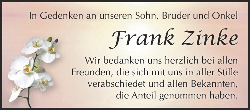  Traueranzeige für Frank Zinke vom 26.03.2016 aus Super Sonntag Zeitz