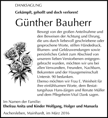 Traueranzeige von Günther Bauherr von Mitteldeutsche Zeitung Aschersleben