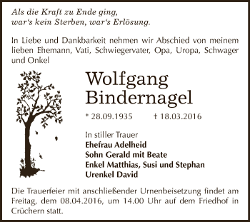 Traueranzeige von Wolfgang Bindernagel von Super Sonntag Bernburg