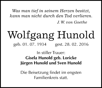 Traueranzeige von Wolfgang Hunold von Mitteldeutsche Zeitung Merseburg/Querfurt