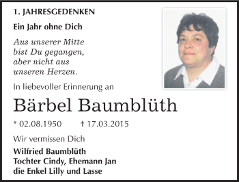 Traueranzeige von Bärbel Baumblüth von Mitteldeutsche Zeitung Wittenberg