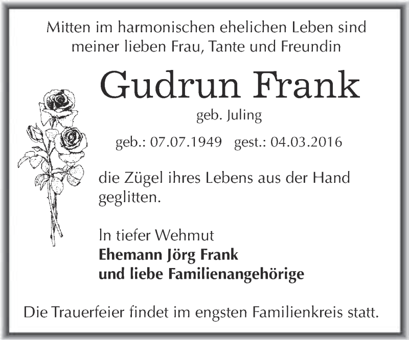  Traueranzeige für Gudrun Frank vom 12.03.2016 aus WVG - Wochenspiegel Dessau / Köthen