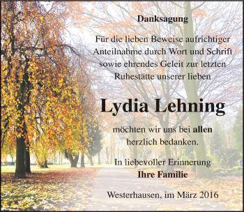 Traueranzeige von Lydia Lehning von Mitteldeutsche Zeitung Quedlinburg