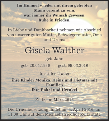 Traueranzeige von Gisela Walther von Super Sonntag Zeitz