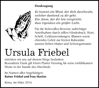 Traueranzeige von Ursula Friebel von WVG - Wochenspiegel Bitterfeld