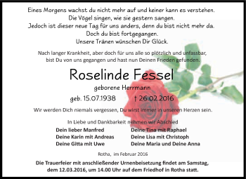 Traueranzeige von Roselinde Fessel von Super Sonntag SGH Mansf. Land