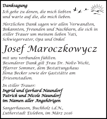 Traueranzeige von Josef Maroczkowycz von Super Sonntag SGH Mansf. Land