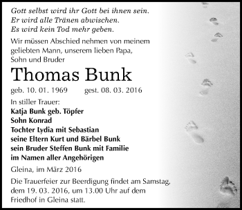Traueranzeige von Thomas Bunk von Mitteldeutsche Zeitung Naumburg/Nebra